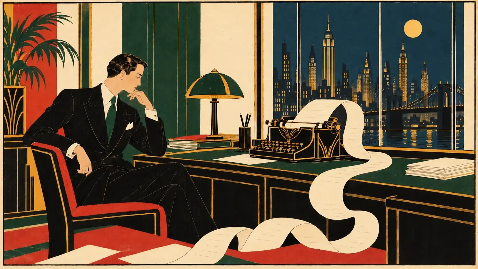 Art Deco illustration: at night, in a black, green and red office, a man in a 1930s suit sits thinking at his desk; in front of him, a typewriter unrolls a long ribbon of paper down to the floor. Through the window, lit skyscrapers and a bridge.